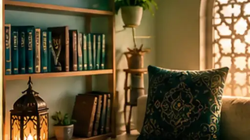 Peaceful Quran reading corner with warm lantern light and a calm home atmosphere