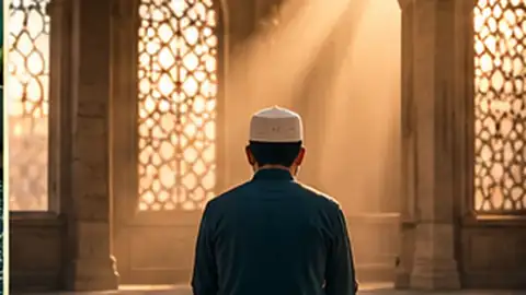 A peaceful worshipper returning to prayer in a softly lit mosque