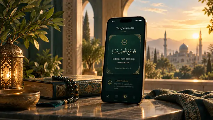 Daily Islamic guidance in a warm reflective setting