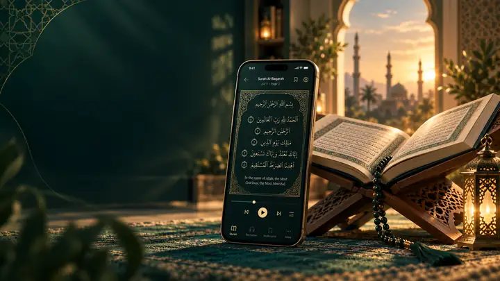 Quran reading experience in a calm emerald and gold setting