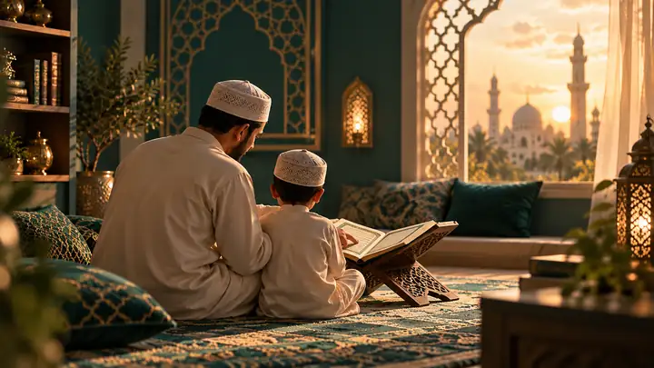 Parent and child sharing a Quran reading moment at home